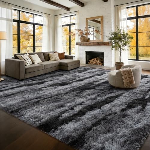 8x10 Extra Large Fluffy Area Rugs Non-Slip for Living Room Tie-Dyed Black - Image 3