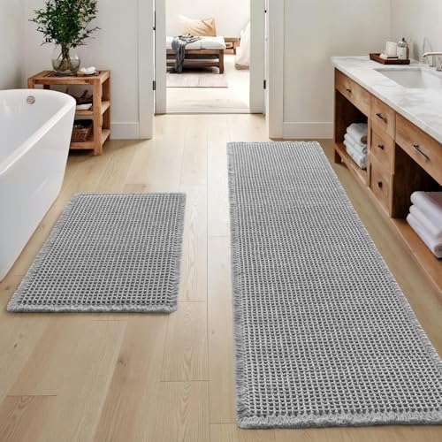MIULEE Set of 2 Waffle Bathroom Rugs Light Grey Bath Mat 17"x24"+17"x48" by MIULEE