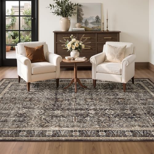 Washable Area Rug 4'x6' Living Room, Vintage MCM, Black/Brown/Beige by Jainmy