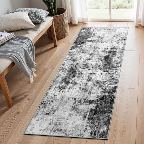 2x6 Washable Runner Rugs for Hallway: Easy-to-Clean Abstract Runners for Entryway Bedroom - Stain and Water Resistant Rugs with Non-Slip Backing - Soft Low-Pile Carpet Black Grey by WIEVEDENS