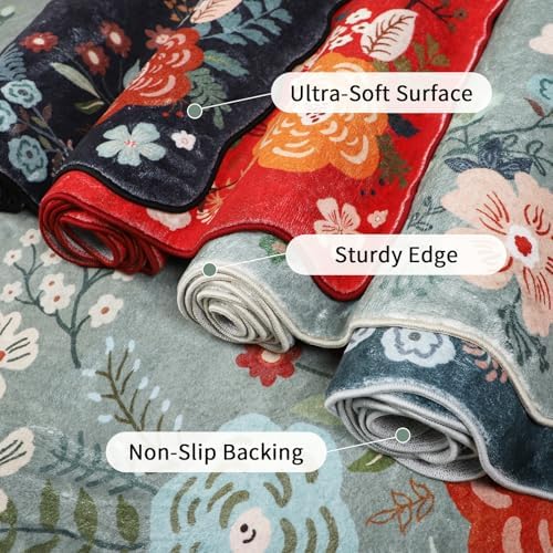 Runners for Hallways, 3x6 Runner Rug Non Slip with Soft Low Pile, Boho Floral Runner for Kitchen, Living Room, Entryway, Bedroom, Bathroom, Kid & Pet Friendly, Green - Image 4