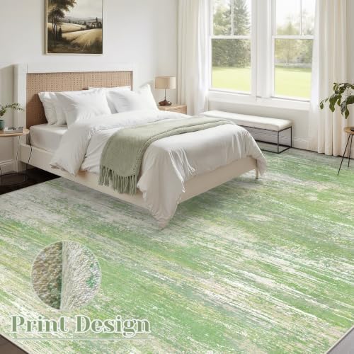Washable Rug 9x12 Area Rugs for Living Room: Large Neutral Soft Rug Abstract Non Slip Low Pile Modern Carpet for Bedroom Kitchen Nursery Office Dining Room Indoor (Green, 9'x12') - Image 2