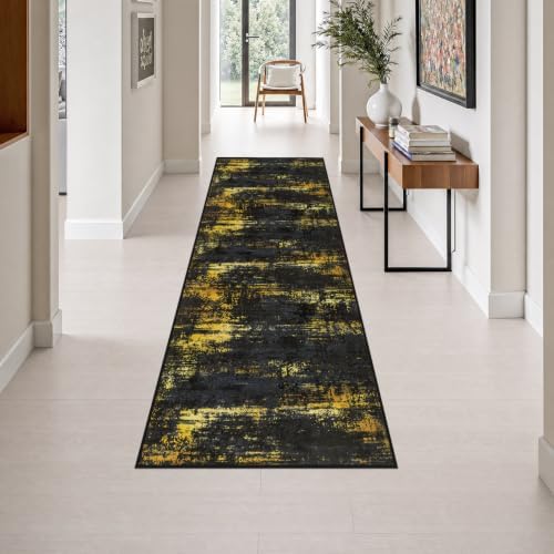 2.6x8 Washable Runner Rug：Modern Abstract Soft Carpet Black Gold by FXRHLP