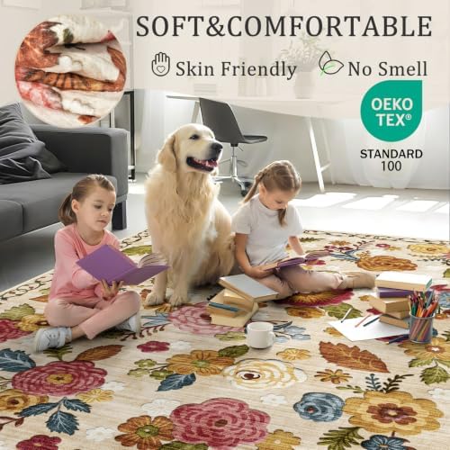 Washable 2x8 Runner Rug, Beige Boho Floral Non-Slip for Hallway, Kitchen - Image 5
