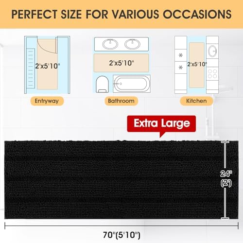 ACCUMTEK Extra Long Striped Black Bathroom Rug Mat 70"x24" Ultra Soft, Non Slip Chenille Bath Rugs, Absorbent Plush Shaggy Bath Mats for Bathroom, Bedroom, Kitchen, Shower, Tub - Image 2