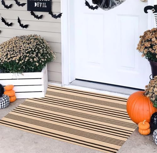 Front Outdoor Door Mat 2'x3'Tan Black Striped Outdoor Rug Washable Doormat by BUAGETUP