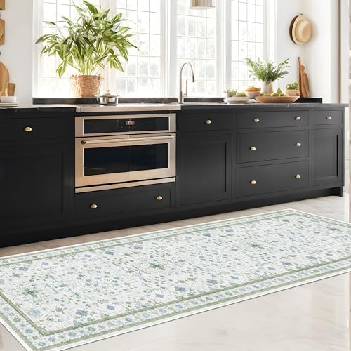 Hazo Haus Washable Oushak 2x8 Bathroom Runner Rug - Vintage Turkish Floral 8ft Long Low Pile Non Slip Runners for Kitchen, Hallway - Cream Blue and Green - Image 3