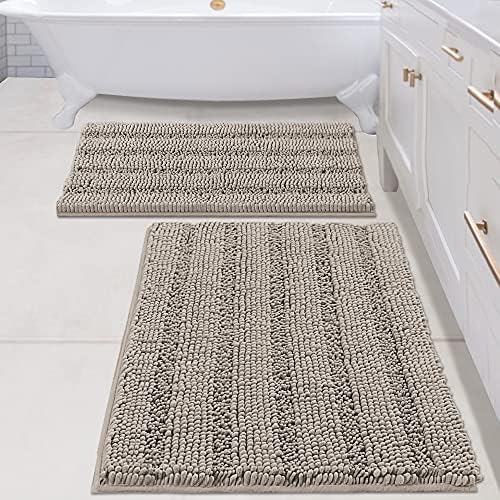 H.VERSAILTEX 2 Piece Bathroom Set - Super Absorbent Chenille Striped Bath Mats, Non Skid, Machine Washable (Taupe, 24 x 36 Plus 20 x 32 Inches) by HVERSAILTEX