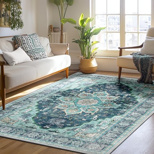 BESTSWEETIE Washable Boho 6x9 Area Rug for Living Room, Teal Dark Green - Image 2