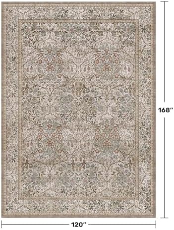 Washable 10x14 Living Room Rug - Moss Green Large Area Rug for Dining Room Under Table, Low Pile Non-Slip Floor Carpet for Bedroom Under Bed - Neutral Taupe Design & Stain Resistance - Image 2