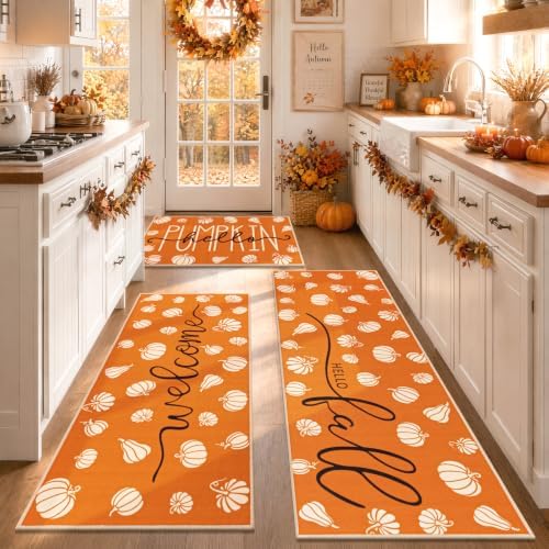 Yamaziot Fall Pumpkin Kitchen Rug Set of 3 Orange Autumn Home Decor by Yamaziot