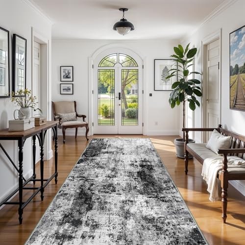 4x10 Wide Washable Runner Rug: Easy-to-Clean Runners for Hallway Entryway Kitchen Bedroom Living Room - Stain and Water Resistant Rugs with Non-Slip Backing - Soft Low-Pile Carpet Black Grey - Image 2