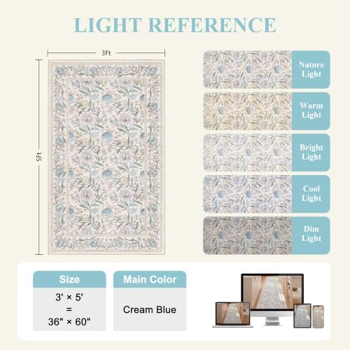 DUKINO 3x5 Rug Washable Vintage Floral Bedroom Area Rug Non Slip Cream Blue - Image 2