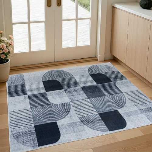Washable Modern Geometric Entryway Rug, Small Throw Rug Grey 2x3 ft - Image 4
