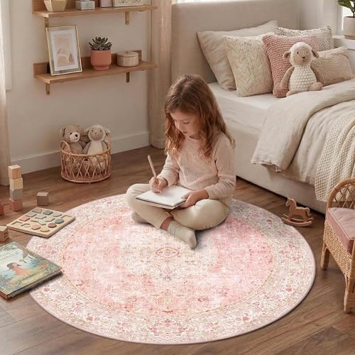 4ft Pink Round Area Rug for Girl Bedroom Washable Cute Circle Rug - Image 4
