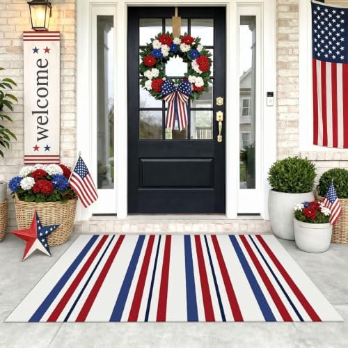 KOZYFLY 3x5 ft Patriotic Striped Rug, Washable Rug for Front Door Porch by KOZYFLY