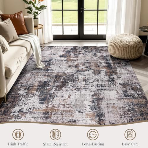 Sasttie 8x10 Washable Area Rug, Modern Abstract Large Rug, Black & Brown - Image 2