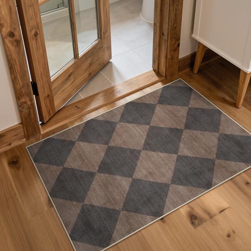 Beeiva Checkered Print 2x3 Samall Area Rugs for Entryway, Washable Stain Resistant Kitchen Rug Non Slip Ultra Thin 2x3 Bath Mat, Plaid Moroccan Alfombra for Bedroom Laundry Sink (Brown/Black) - Image 2