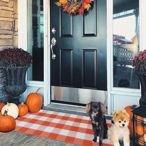 Buffalo Plaid Outdoor Rugs, 2'x4'3'' Orange and White Checkered Indoor/Outdoor Area Rug, Layering Rug for Hello/Welcome Door Mat, Washable Cotton Woven Farmhouse Mat for Fall Front Porch Décor - Image 3