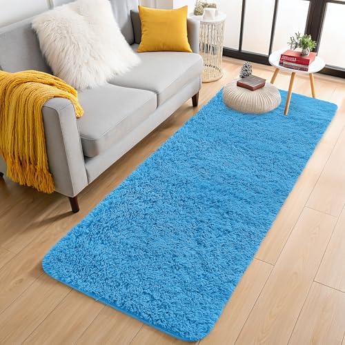 OLANLY 2x6 Machine Washable Runner Rugs for Hallway, Soft Fluffy Shaggy Bedside Rugs for Bedroom, Living Room, Indoor Floor Carpet for Kids Girls and Boys, Home Decor Aesthetic, Bright Blue by OLANLY