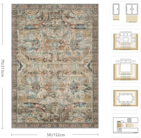 5x7 Area Rugs, Vintage Retro Soft Washable Rug, Non-Slip Low Pile Rugs for Living Room, Bedroom, Dining Room, Stain Resistant Home Decor Rug (Vintage Olive Green) - Image 2