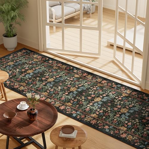 DUKINO 2x10 Runner Rug, Washable Vintage Floral Kitchen Rug, Black - Image 3