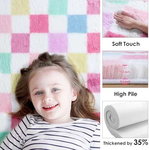 KICMOR Pink Rainbow Round Rug for Bedroom Girls, Cute Fluffy Soft 4ft Circle Area Rug Small Fuzzy Shag Shaggy Living Room Carpet, Circular Checkered Rug for Kids Room Home Decor Aesthetic, Nursery - Image 2
