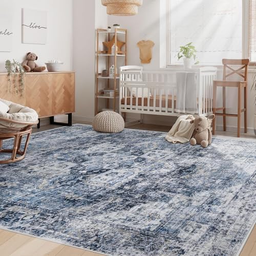 Area Rug 6x9 Washable Rug, Vintage Boho Medallion Rugs Non-Slip Soft Low Pile Large Distressed Rug Indoor Retro Carpet for Living Room Bedroom Dining Room Home Office (Blue, 6'x9') - Image 3