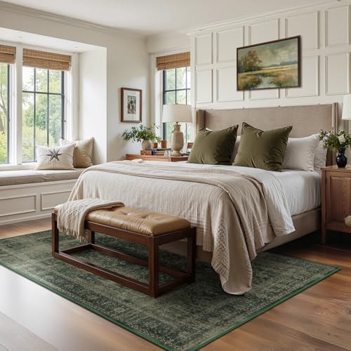 Area Rugs 6x9 Dark Green, Vintage Distressed Earth Tone Living Room Rug Washable Low Pile, Dark Moody Carpet Rug for Bedroom Dining Room Non Slip, Home Office Reading Nook - Image 4