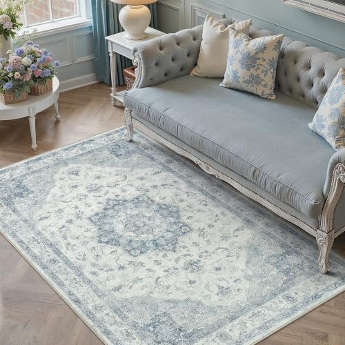 PureCozy Blue 4x6 Washable Area Rug Living Room Vintage Oriental Carpet by PureCozy