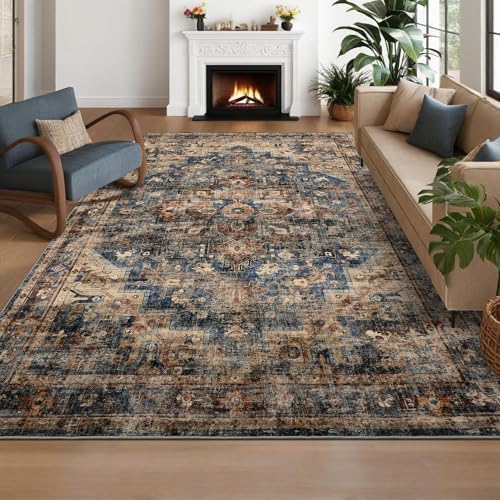 GarveeHome 10x13 Washable Vintage Living Room Blue&Brown Area Rug - Image 4