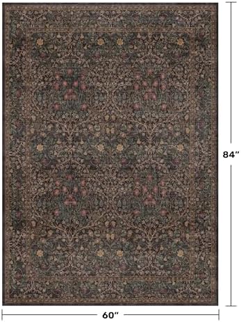 Dark Brown Washable 5x7 Area Rugs for Living Room, Entryway, Non-Slip Soft Rugs for Bedroom, Dining Room, Home Office, Black Brown Floral Vintage Cottage Indoor Carpet Décor, Low Pile Stain Resistant - Image 2