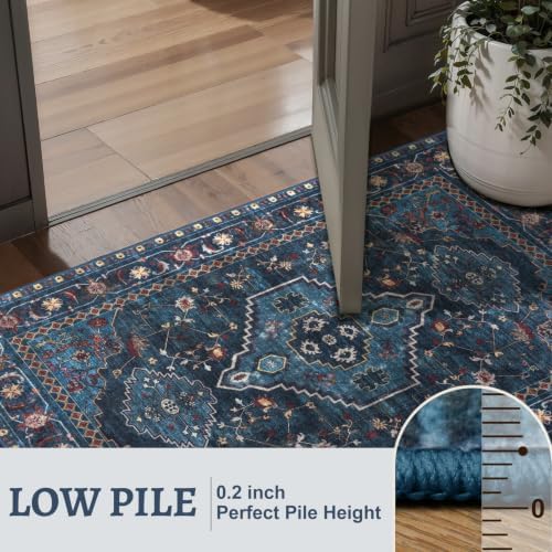Tangsoo Oriental Blue Small 2x3 Washable Rugs, Vintage Non Slip Rug Carpet, Indoor Front Door Rug for Entryway, Door Mat Indoor Entrance Soft Low Pile Throw Rugs for Entry Kitchen Bedroom Home Decor - Image 3