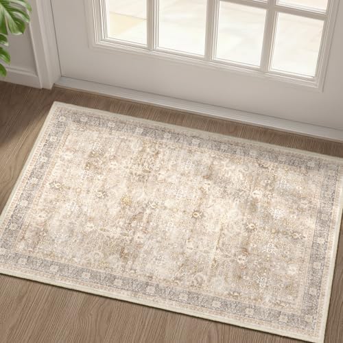 Beige Entryway Rug Indoor, 2x3 Small Door Rugs for Entry Way/Kitchen/Bathroom, Washable Non Slip Low Pile Thin Door Mat Indoor Entrance, Vintage Neutral Earth Tone Rug with Decorative Fringe by Jainmy