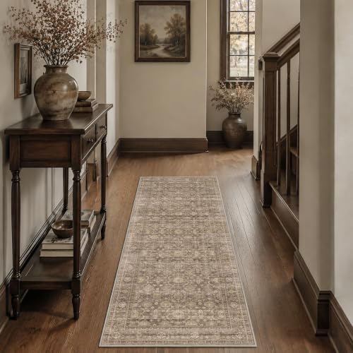 JOOJA 2x6 Neutral Tan Vintage Low Pile Non Slip Washable Boho Runner Rug - Image 3
