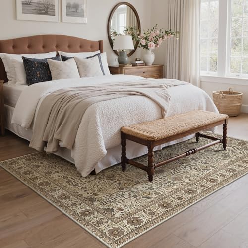 Bavni 3x5 Area Rug for Living Room, Washable Low Pile, Cream Brown - Image 2