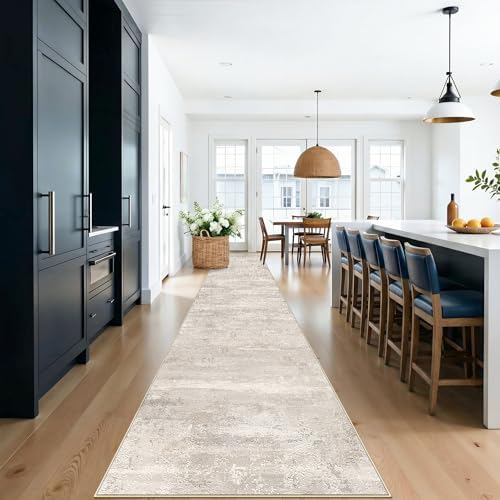 YOUFORTONG Washable Runner Rug 3x15 - Indoor Low Pile Stain Resistant Kitchen Hallway Rugs with Non Slip Backing Entryway Dining Room Carpet Modern Abstract Foldable Decoration Mat 3x15 Beige - Image 2