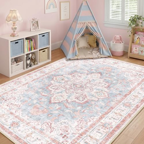 CAPALOCA 5x7 Washable Nursery Girls Low Pile Area Rug Pink Blue by CAPALOCA