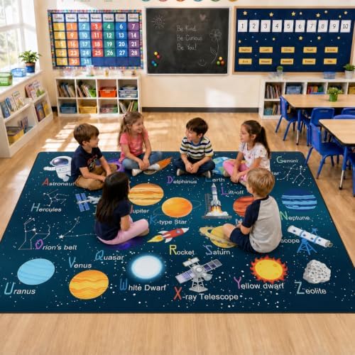 5x7 Ft ABC Alphabet Educational Area Rug for Children Girls Boys Leaning, Outer Space Decorative Rug for Kids Playroom, Classroom, Bedroom, Non-Slip & Soft Faux Wool Kids Carpet-Washable by Bildenly