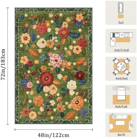 Washable 4x6 Area Rug, Green Boho Floral Non-Slip for Kitchen, Entryway - Image 2
