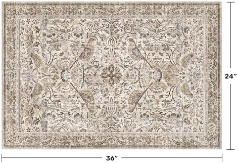 Boho Moss 2x3 Indoor Rugs for Entryway, Vintage Washable Small Throw Rug for Kitchen, Non Slip Soft Floral Bathroom Carpet with Bird Pattern, Low Pile & Stain Resistant - Image 2