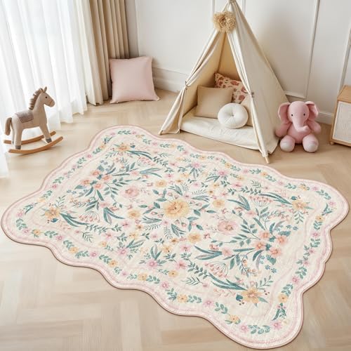 Pink Floral Rug 4X6 for Girls Bedroom or Nursery, Scalloped Cottagecore Washable Non-Slip Area Rug, Cute Soft Boho Carpet for Kids Room, Dorm, or Playroom - Image 4