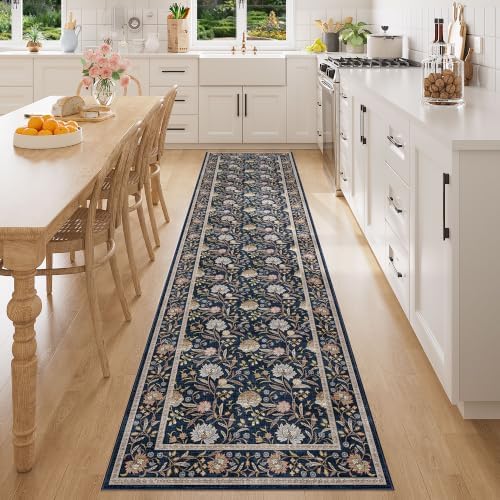 DUKINO 2x8 Runner Rug, Washable Vintage Floral Kitchen Rugs, Navy Blue by DUKINO