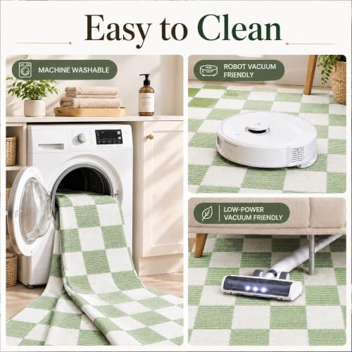 2x3 Checkered Area Rug for Living Room, Soft Low Pile Light Green rugs - Image 7