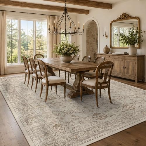 9x12 Washable Boho Area Rug, Beige Farmhouse for Living Room Carpet - Image 4