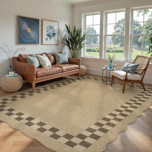 LIVEBOX Scalloped Easy Jute Checkered 8x10 Outdoor Rug, Washable Farmhouse Tan Rugs for Living Room Bedroom, Geometric Indoor Outdoor Non Slip Rug Dining Room Mat Carpet for Patio Backyard Home Decor by LIVEBOX