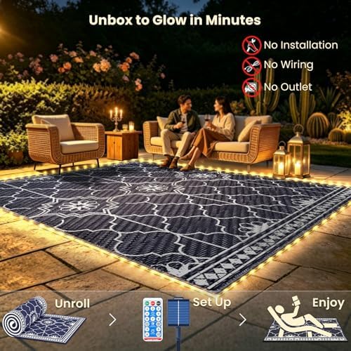 Lighted Outdoor Rug 8x10 ft, Solar Powered Patio Rug with 113 LED Lights, Waterproof Plastic Reversible Outdoor Straw Rugs, Rugs Mat for House Deck RV Camping Patio Beach Balcony Picnic (Blue White) - Image 4