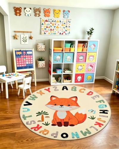 TWINNIS Kids Animal Print Round Rug for Playroom, Alphabet Washable Area Rugs for Boy Girl Baby Toddler Children, 4x4 Cute ABC Mat Play Carpet Nursery Bedroom Decor, Fox - Image 3