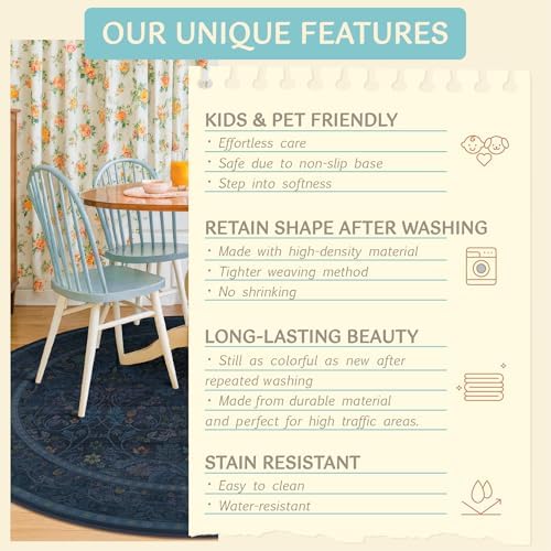 7ft Round Rug for Living Room, Dark Blue Oriental Floral Circle Area Rug, Washable Non-Shedding Low-Pile Carpet for Under Bed, Home Office, Moody Farmhouse Decor, Stain Resistant - Image 6