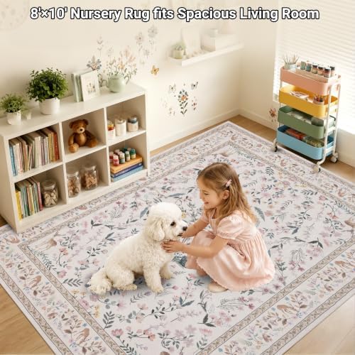 RCTJHOME 8x10 Beige Floral Nursery Kids Washable Area Rug Non-Slip Carpet - Image 5